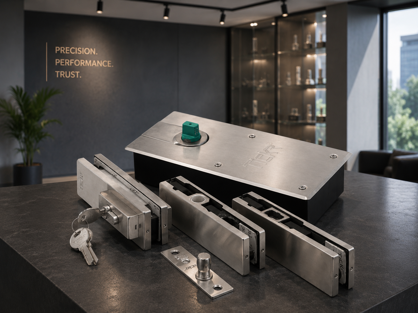Authorized Tickr dealer showroom interior with architectural glass hardware on display