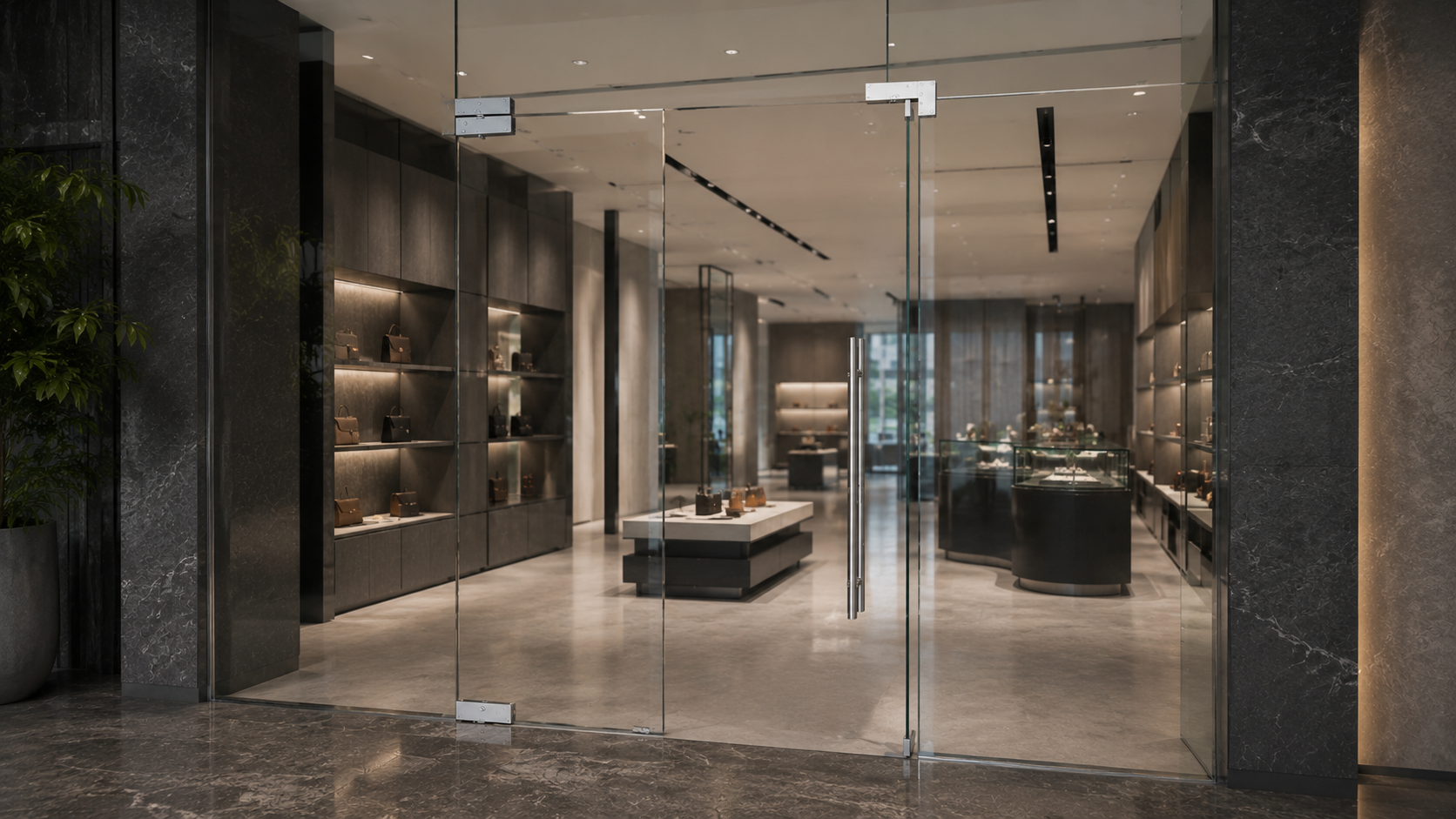 Tickr architectural glass hardware specified in premium Indian retail interior