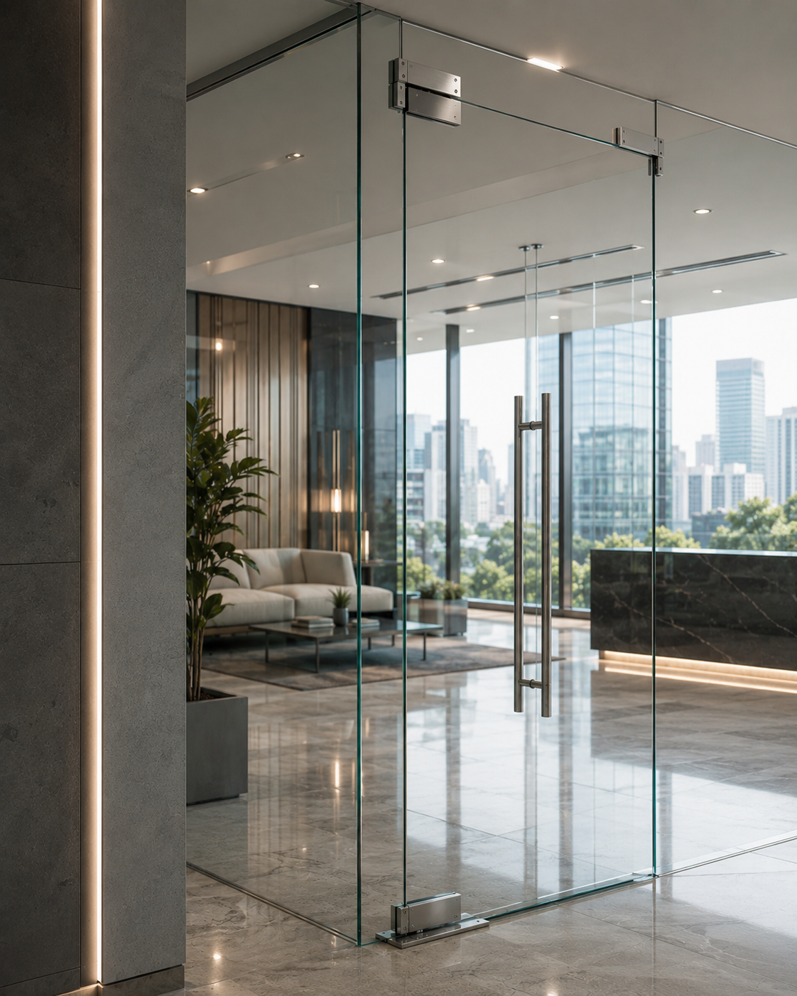 Architectural glass partition with Tickr floor spring and patch fittings in a premium Indian commercial interior