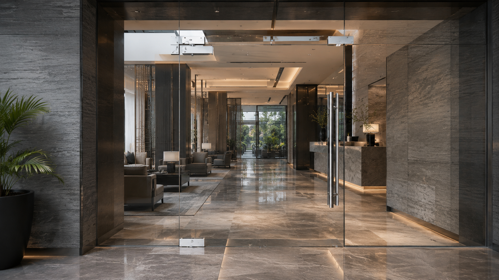 Tickr architectural glass hardware specified in premium Indian hotels interior